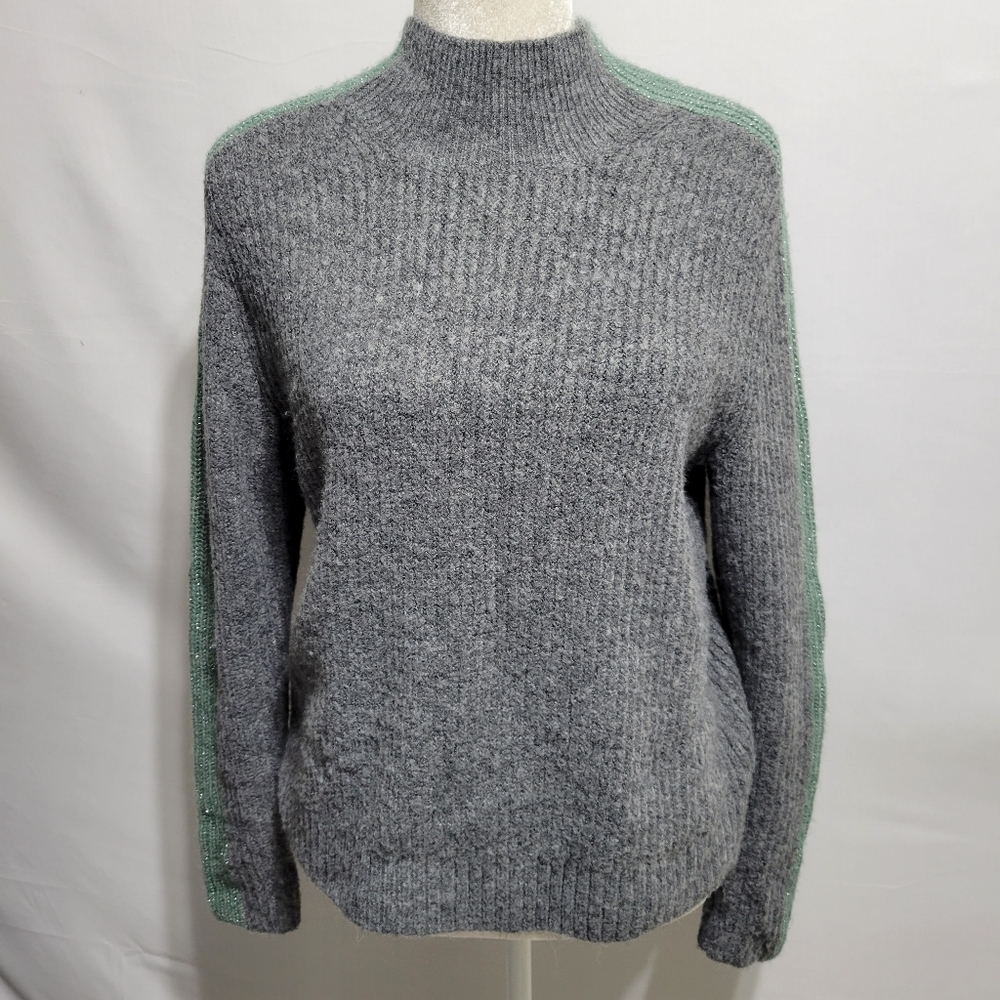 Abercrombie Fitch Ribbed Mock Neck Sweater Womens Small Gray Teal Stripe